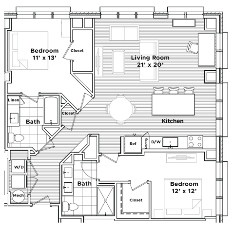 Floor plan for 2 beds, 2 baths, 1218 sqft